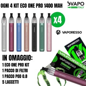 VAPORESSO ECO ONE PRO KIT 1400 MAH OGNI 4 KIT ACQUISTATI IN OMAGGIO 1 KIT ECO ONE PRO - 1 POD 0.8 OHM 2ML + 1 FILTRI + LACCETTI