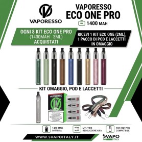 VAPORESSO ECO ONE PRO KIT 1400 MAH 3 ML OGNI 8 KIT ACQUISTATI IN OMAGGIO 1 KIT ECO ONE PRO 2 ML - 1 TPOD 0.8 OHM 3 ML + LACCETTI