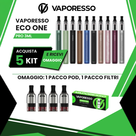 VAPORESSO ECO ONE PRO KIT 1400 MAH 3 ML OGNI 5 KIT ACQUISTATI 1 PACK POD ECO ONE 2 ML + 1 PACK FILTRI DI RICAMBIO ECO ONE